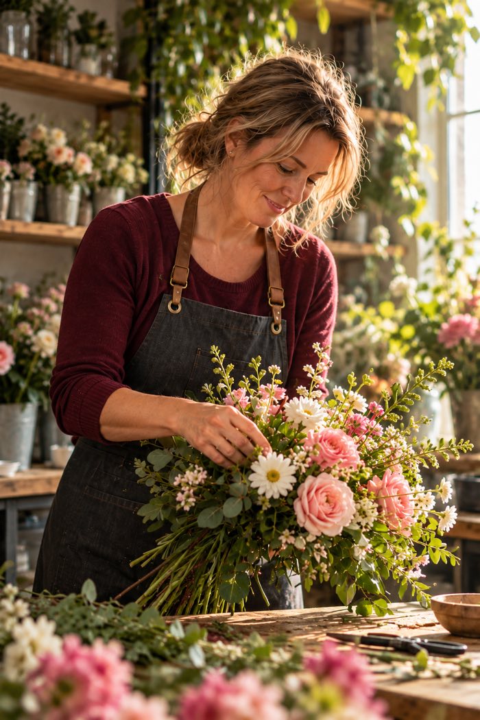 A florist arranging a bouquet in her flower shop