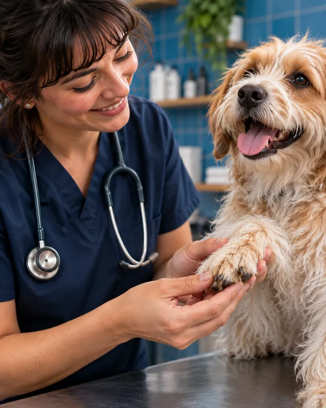 A veterinary professional caring for a dog