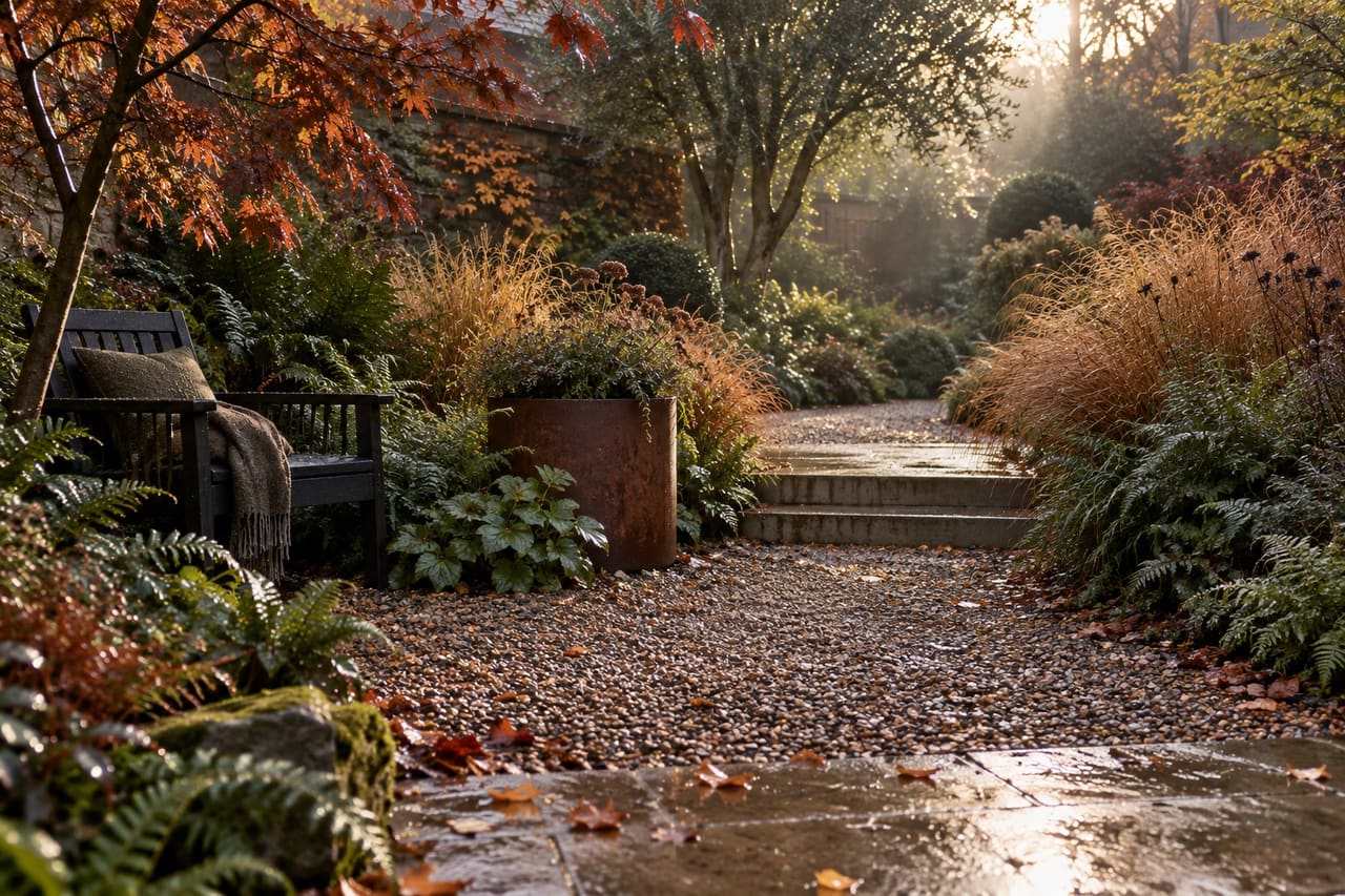 A sunlit garden with soft planting, a bench and a gravel path
